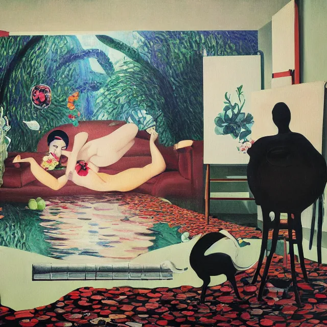 Image similar to catgirl emo art student in her lounge room, painting of flood waters inside an artist's loungeroom, a river flooding indoors, pomegranates, pigs, ikebana, water, octopus, river, rapids, waterfall, black swans, canoe, berries, acrylic on canvas, surrealist, by magritte and monet