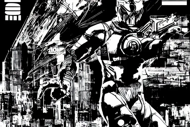 Image similar to gray fox from metal gear solid, doing a three point landing pose, a page from cyberpunk 2 0 2 0, style of paolo parente, style of mike jackson, adam smasher, johnny silverhand, 1 9 9 0 s comic book style, white background, ink drawing, black and white