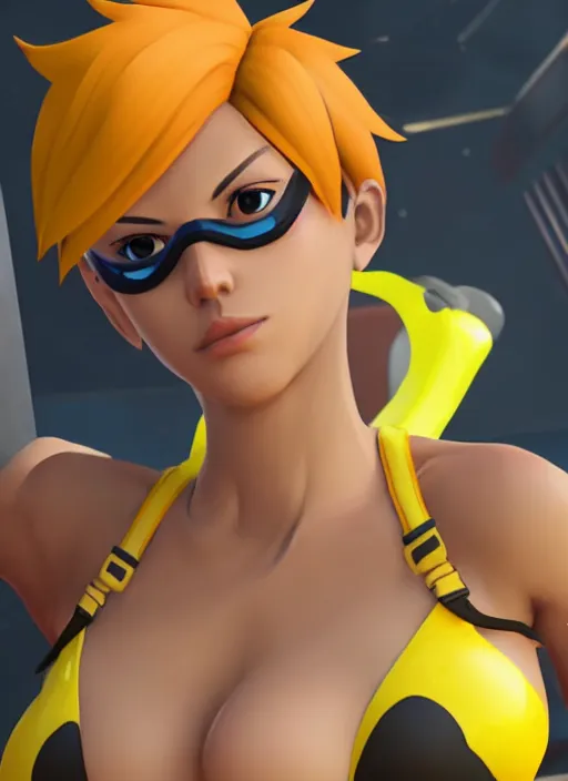 prompthunt: tracer game character, in yellow bikini, blonde hair