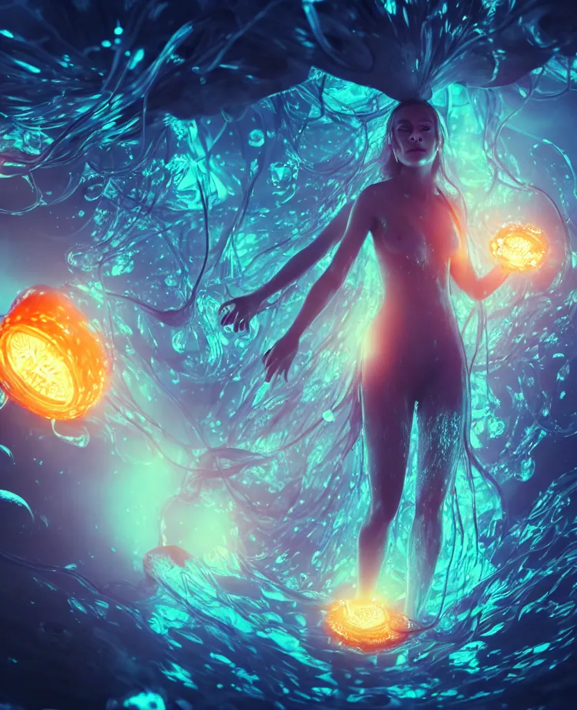 Image similar to close-up portrait of a beautiful princess floating in ethereum surrounded by floating jellyfish, energy flows of fire and water, flashes of plasma, 3d with depth of field, blurred background, a highly detailed epic cinematic concept art CG render. made in Maya, Blender and Photoshop, octane render, excellent composition, cinematic dystopian brutalist atmosphere, dynamic dramatic cinematic lighting, aesthetic, very inspirational, arthouse. y Greg Rutkowski, Ilya Kuvshinov, WLOP, Stanley Artgerm Lau, Ruan Jia and Fenghua Zhong