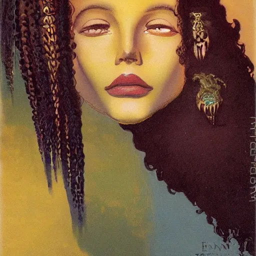 Image similar to a oil painting of a fair skin with dark curly stylised hair queen wearing dress, by hans emmenegger, by bruce pennington, by eyvind earle, by nicholas roerich, by frank frazetta, by georgia o keeffe, by dean cornwell, highly detailed, realistic, concept art, jewels, tiles curtains, oriental, desaturated