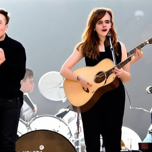 Image similar to elon musk & emma watson performing at woodstock