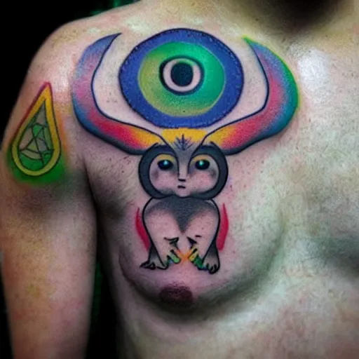 Prompt: shoulder tattoo of a meditating cute bush baby with trippy eyes and glowing multicolored chakra symbols, insanely integrate