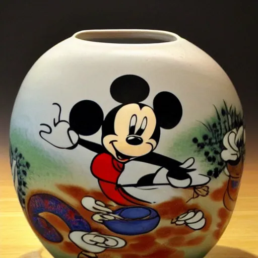 Prompt: vase work, vase art of Mickey Mouse in art style of chinese art, fragmented clay firing chinese vase with an Mickey Mouse in the style of ancient chinese art, ancient chinese art!!!!! chinese art