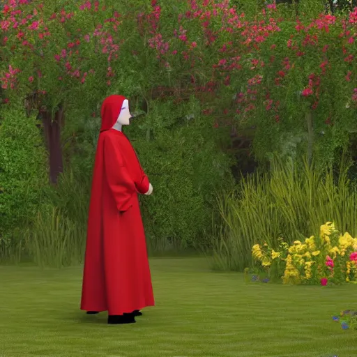 Image similar to young nun with light red long hair standing in a garden, 4k, detailed face, detailed body, detailed clothes, high details, 2d, art