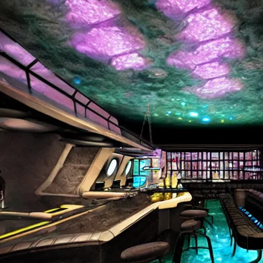 Image similar to space punk nightclub on an asteroid orbiting saturn with an indoor aquarium and bar