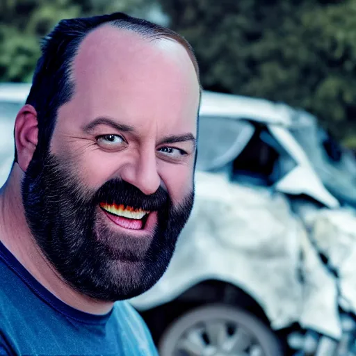 Image similar to Tom Segura laughing in front of a carcrash, hidden camera photo, photorealistic, 8k