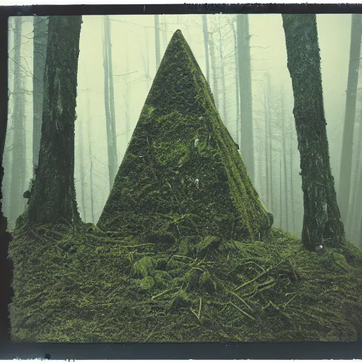 Prompt: a mossy rock pyramid in the middle of a forest clearing at night, dark, foggy, eerie, creepy, unsettling, lost footage, old polaroid, expired film,