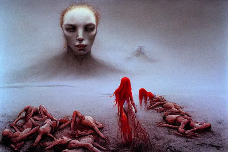 Prompt: a surreal painting of a lonely woman with pale skin and long red hair standing over a pile of bodies in post - apocalyptic snowy landscape, surrealism, by zdzislaw beksinski, by dariusz zawadzki, by john jude palencar