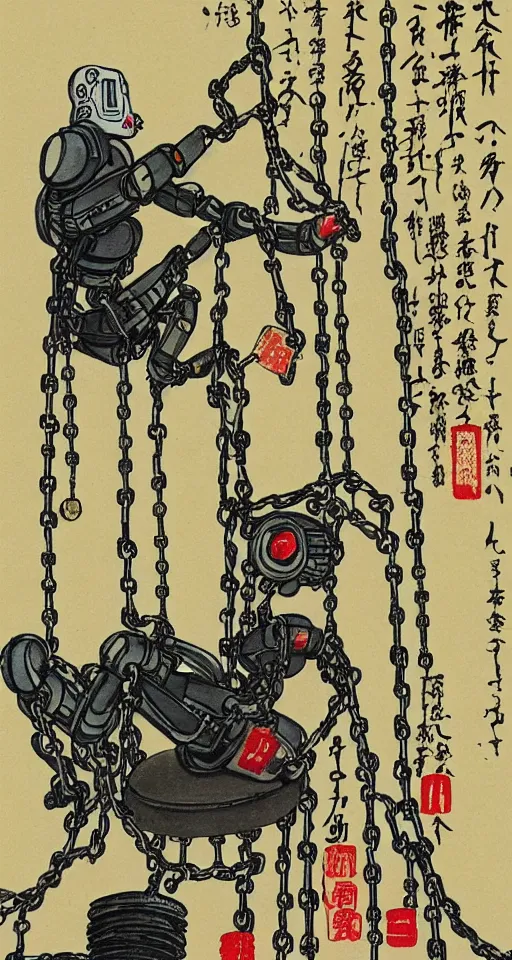 Prompt: a robot hanging by his feet in chains upside down peacefully, beautiful coloured Japanese ink painting inspired by the hanged man tarot card, sharp lines