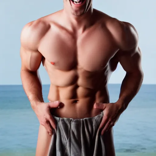 Image similar to attractive muscular man with a creepy smile bathing in milk