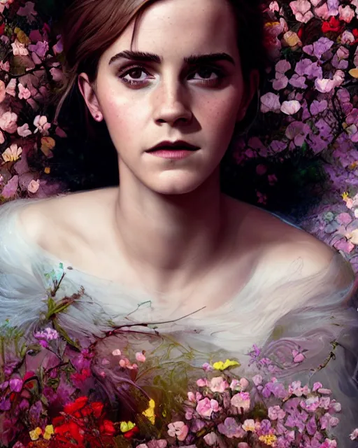 Image similar to portrait of emma watson, surrounded by flowers by karol bak, james jean, tom bagshaw, rococo, sharp focus, trending on artstation, cinematic lighting, hyper realism, octane render, 8 k, hyper detailed.