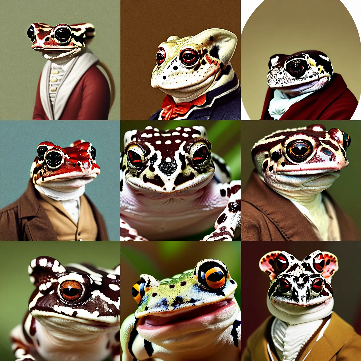 Prompt: a head and shoulders portrait of an anthropomorphic!!!!!!!!!! amazon milk frog!!!!!!!!!! wearing a colonial outfit without a hat looking off camera, a character portrait, american romanticism, soft focus