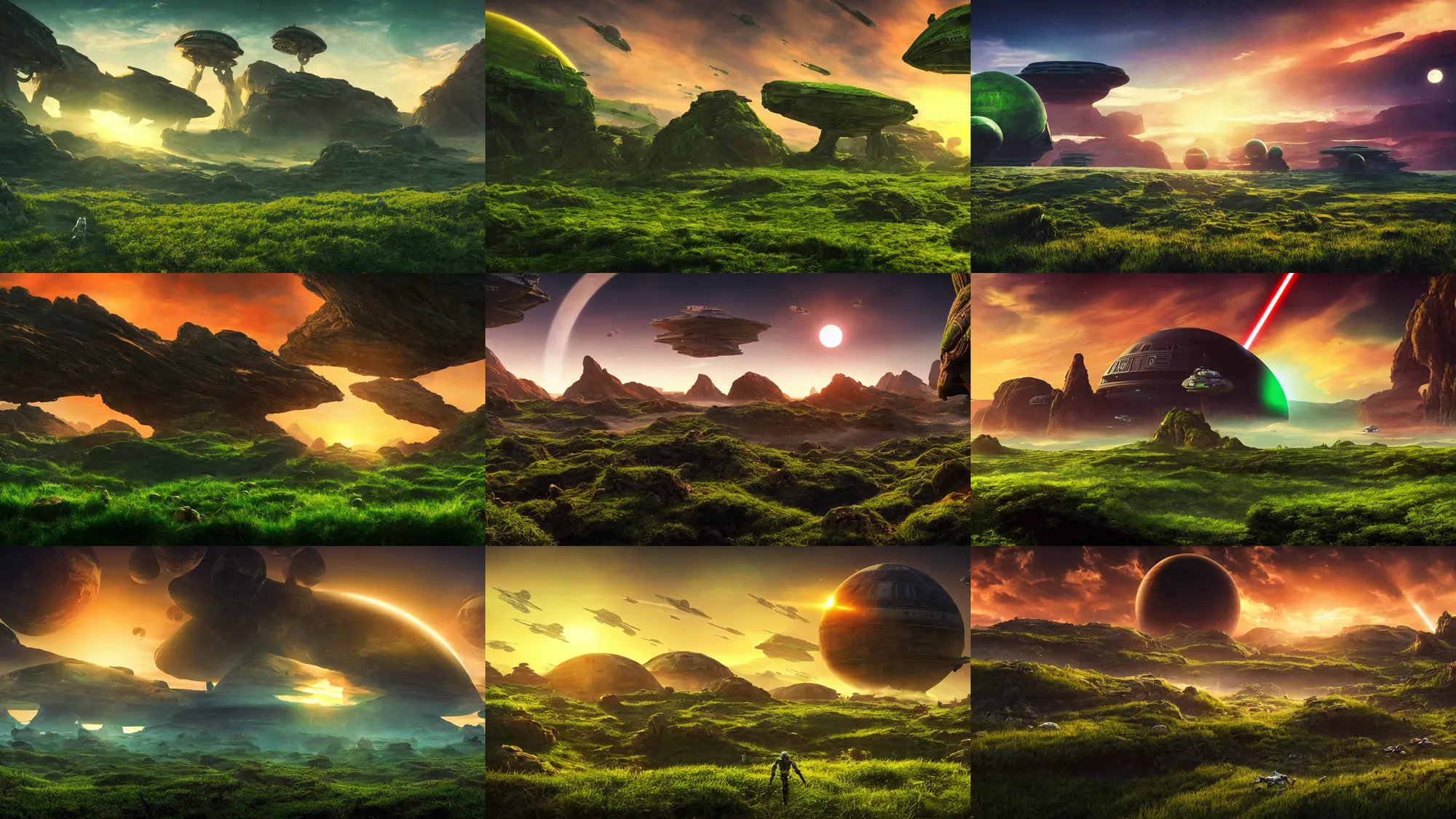 Prompt: a landscape of an alien planet, sunset, luxurious environment, cinematic composition, cinematic lighting, photo realistic, ultra detailed, magnificent, 4 k, 8 k, green vegetation, foundation, star wars, avatar