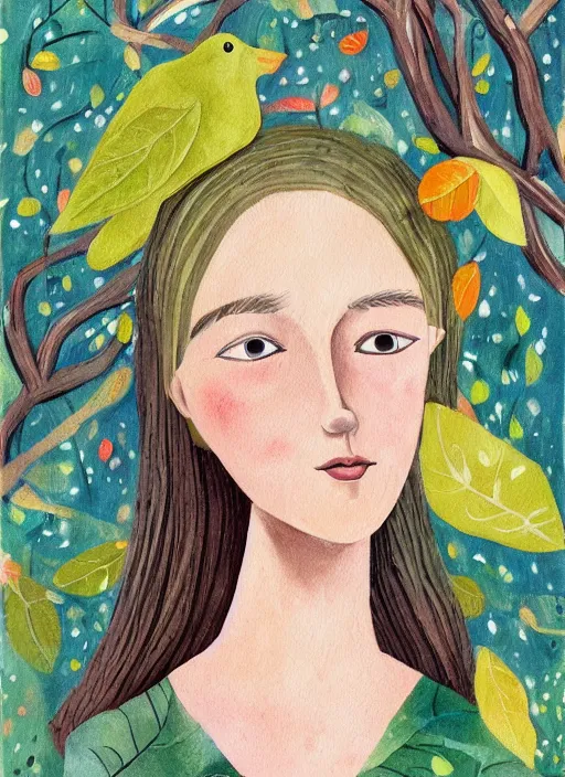 Image similar to a wonderful childrens illustration book portrait painting of a woman with serene emotion, art by tracie grimwood, forest, trees, many leaves, birds, whimsical, aesthetically pleasing and harmonious natural colors