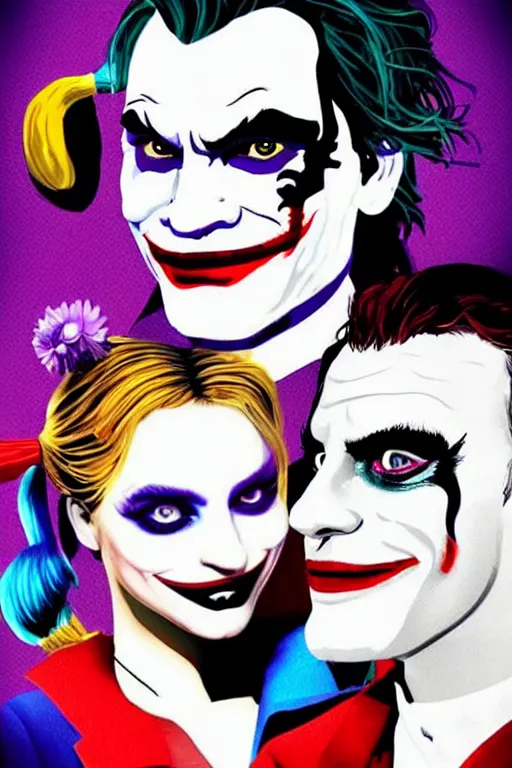 Image similar to joaquin phoenix as joker and lady gaga as harley quinn, remove duplicate content!!!!, violet polsangi pop art, gta chinatown wars art style, bioshock infinite art style, incrinate, realistic anatomy, hyperrealistic, two colors, white frame, content balance proportion