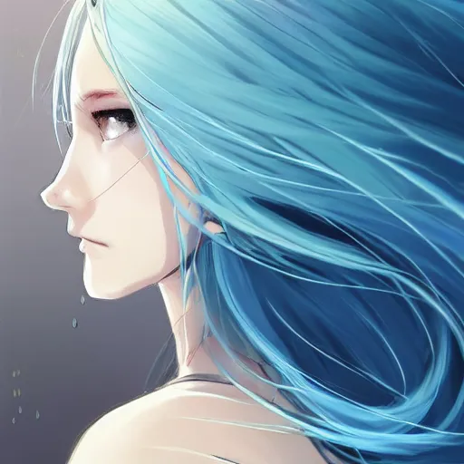 Image similar to side profile of rimuru tempest with sky blue hair, long hair, sharp face, gold eyes, high collar, black jacket | shiny, highly detailed, rain, professional digital painting, concept art, award - winning photography, cinematic, wlop | art by pixiv art, yoshitaka amano, junki ito