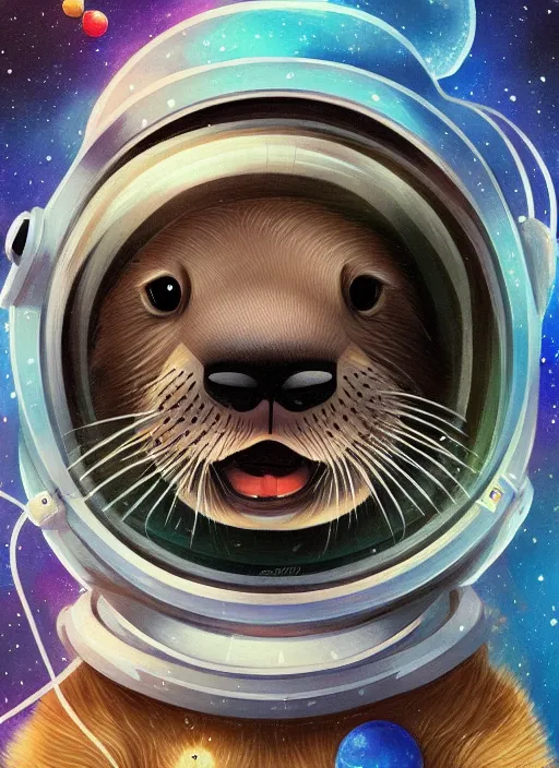 Prompt: a portrait of a cute otter with a space helmet, swimming through a beautiful galaxy, detailed, artstation