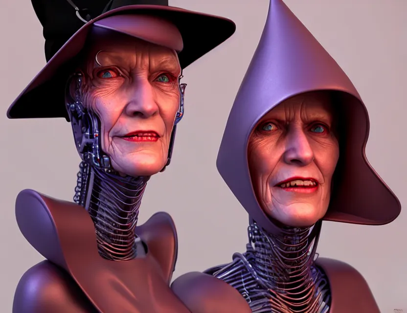 Image similar to cinematic bust portrait of robo face granny cyborg body, witch's hat on head, by jean giraud, trending artstaition, 3 d, unreal engine