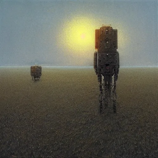 Prompt: a battlemech!! shaped like a person standing in a field at sunset by Beksinski