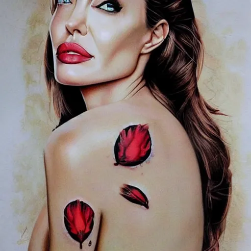 Prompt: “Angelina Jolie portrait, whole body in flower tattoo”