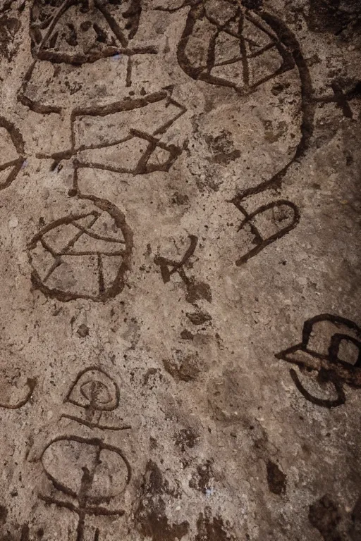 Image similar to 4 k photography of petroglyphs representing crosses, ufo, yin yang symbol on a cave