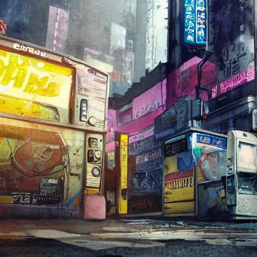 Image similar to incredible wide screenshot, ultrawide, simple watercolor, rough paper texture, ghost in the shell movie scene, backlit distant shot of girl in a parka running from a giant robot invasion side view, yellow parasol in deserted dusty shinjuku junk town, broken vending machines, bold graphic graffiti, old pawn shop, bright sun bleached ground, mud, fog, dust, windy, scary robot monster lurks in the background, ghost mask, teeth, animatronic, black smoke, pale beige sky, junk tv, texture, brown mud, dust, tangled overhead wires, telephone pole, dusty, dry, pencil marks, genius party,shinjuku, koji morimoto, katsuya terada, masamune shirow, tatsuyuki tanaka hd, 4k, remaster, dynamic camera angle, deep 3 point perspective, fish eye, dynamic scene