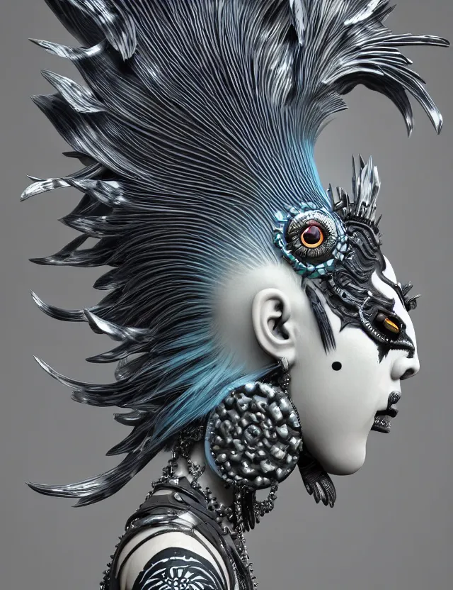 Image similar to 3 d goddess close - up profile portrait punk with mohawk with ram skull. beautiful intricately detailed japanese crow kitsune mask and clasical japanese kimono. betta fish, jellyfish phoenix, bio luminescent, plasma, ice, water, wind, creature, artwork by tooth wu and wlop and beeple and greg rutkowski