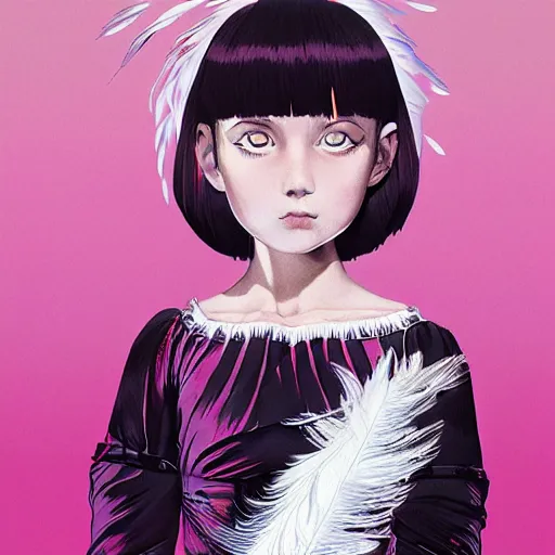 Image similar to little girl with an eccentric haircut wearing an dress made of feathers, artwork made by ilya kuvshinov and hirohiko araki