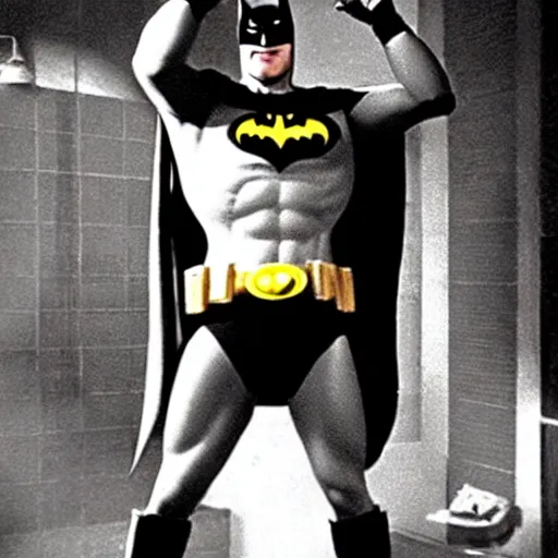 Image similar to batman having a cold shower, in the tv show, batman, 1 9 6 0 s