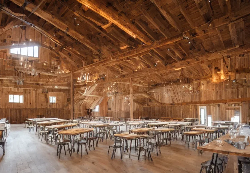Image similar to 30ft x 50ft interior barn renovation as intimate folk music event space with bar and cafe tables 8k photorealistic