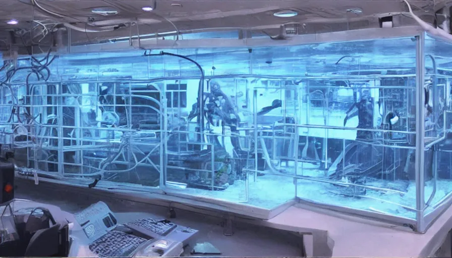 Prompt: Big budget horror movie in an undersea biolab, an countdown is started on a computer screen