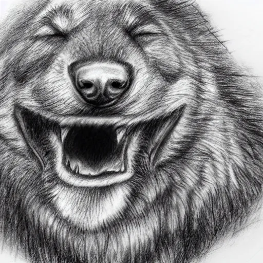 Image similar to Pencil sketch of a man's face emerging from a wolfs mouth, detailed, trending