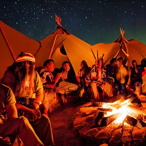 Prompt: native american indian pow wow at campfire under cosmic sky, epic award winning photographic still