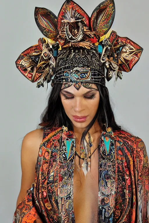 Prompt: ornate cyber tribal headpiece, ritual floral robes, esoteric fasion