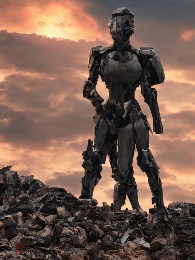 Image similar to emily blunt in futuristic power armor, solitary figure standing atop a pile of rubble, sunset and big clouds behind her