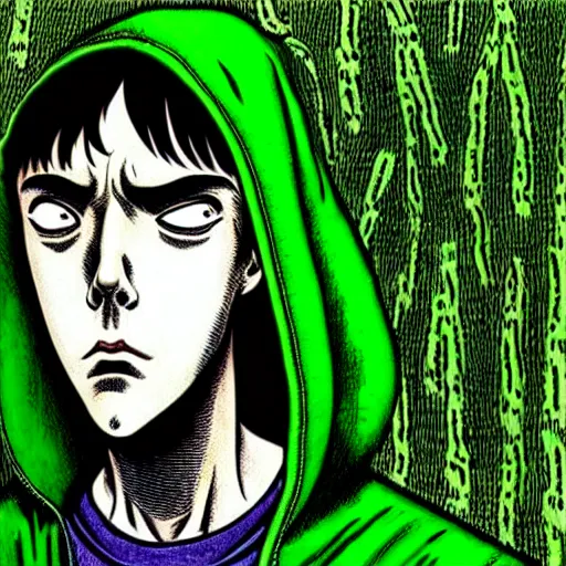 Image similar to portrait of programmer with green hood by junji ito