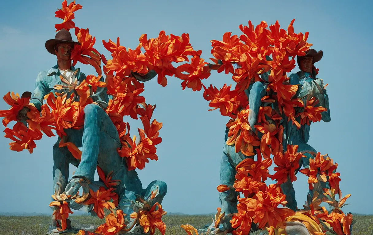 Image similar to a cowboy turning into blooms. tropical sea slugs, tractor tires. complementary colors. national geographic. 8 k, rendered in octane, smooth gradients. sculpture by antonio canova. red accents. by slim aarons, by zhang kechun, by lynda benglis