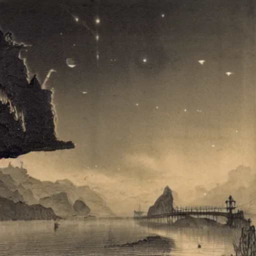 Prompt: The print shows a group of flying islands, each with its own unique landscape, floating in the night sky. The islands are connected by a network of bridges, and a small group of people can be seen walking along one of the bridges. by Franklin Booth artificial, melancholic