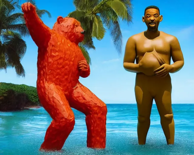 Prompt: a giant sculpture of will smith as a gummy bear on the ocean water, award winning, hyper - realistic, very detailed, realistic water splashes, ray tracing, 8 k resolution, long - shot, sharp focus, low angle, 8 5 mm photograph, wide lens