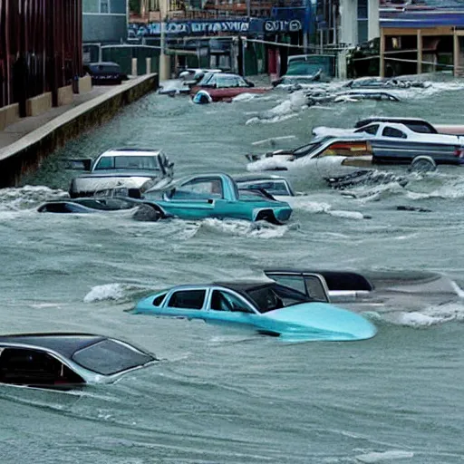 Prompt: a photo of a tsunami sweeping away buildings and early 2 0 0 0 s and 1 9 9 0 s cars as well as 1 9 7 0 s and 5 0 s cars and debris is in the water, water is unnaturally clear and teal.