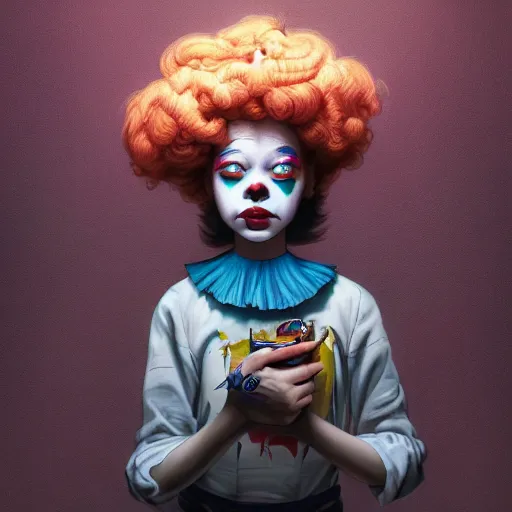 Image similar to breathtaking detailed painting of clown girl , with anxious, piercing eyes, Atari game cover art by Hsiao-Ron Cheng, James jean, Miho Hirano, Hayao Miyazaki, extremely moody lighting, hyperrealistic, octane render, RPG portrait, ambient light, dynamic lighting