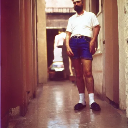 Image similar to fidel castro wearing denim shorts, full body portrait, 3 5 mm film, clear face, by nan goldin