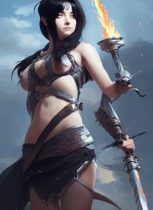 Image similar to Portrait of Anime girl with black hair, she is carrying a burning sword, wearing metal armor around her chest and waist, realistic, detailed, 4k by Greg Rutkowski Mark Arian trending on artstation