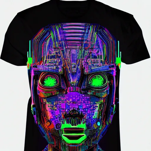 Image similar to mockup of a black tshirt with a hyperdetailed portrait of a trippy cyberpunk robot, 8 k, symetrical, flourescent colors, happy mood, multicolored,