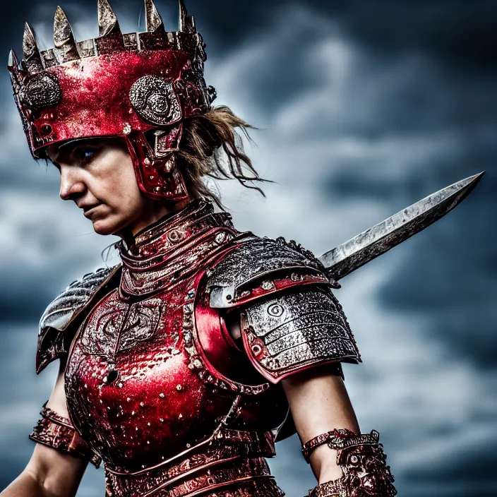 Image similar to photo of a beautiful strong warrior queen wearing ruby encrusted armour, highly detailed, 4 k, hdr, smooth, sharp focus, high resolution, award - winning photo