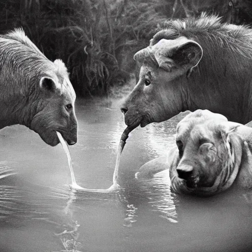 Image similar to national geographic professional photo of biden and trump drinking from a watering hole with animals, award winning