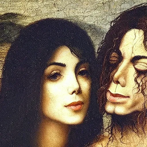 Prompt: alex jones and michael jackson kissing, da vinci painting,