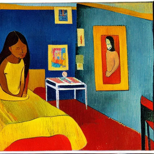 Image similar to representation of a modern girl in her room in the style of Paul Gauguin, French artist