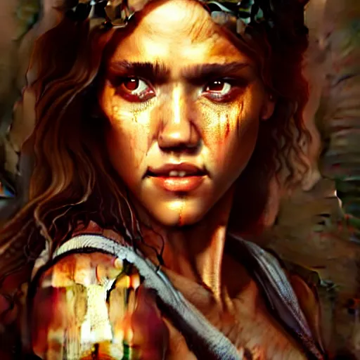 Image similar to beautiful digital painting jessica alba the evil dead with high detail, 8 k, stunning detail, photo by artgerm, greg rutkowski and alphonse mucha, unreal engine 5, 4 k uhd